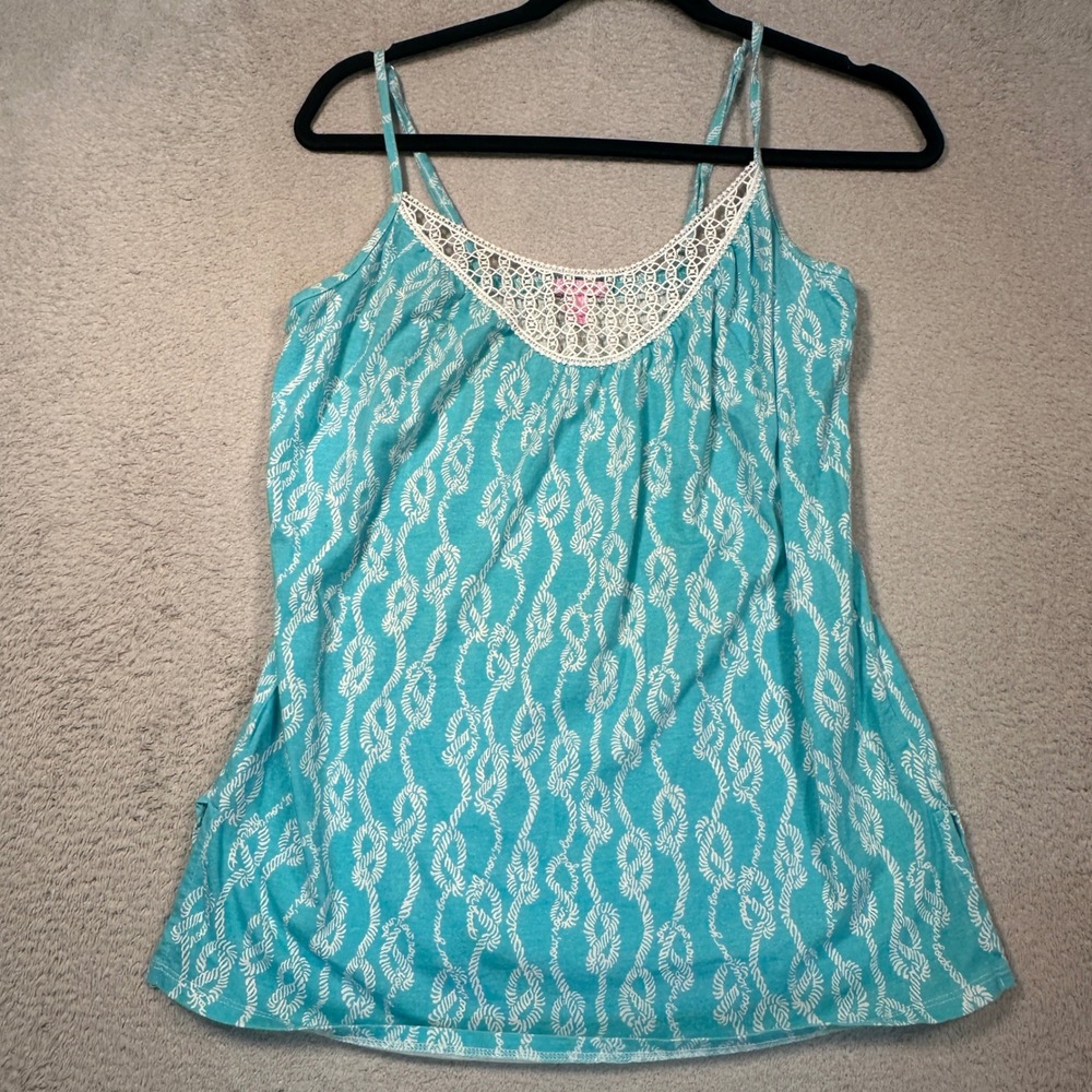 Lilly Pulitzer Cami Women S Turquoise‎ Nautical Rope Lace Trim Smocked Tank Top